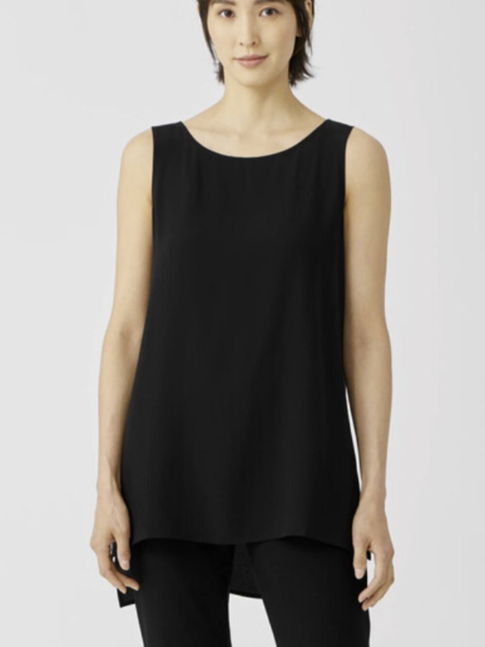 Eileen Fisher Silk Georgette Bateau Neck Long Tank Size XXL Black NWT $218